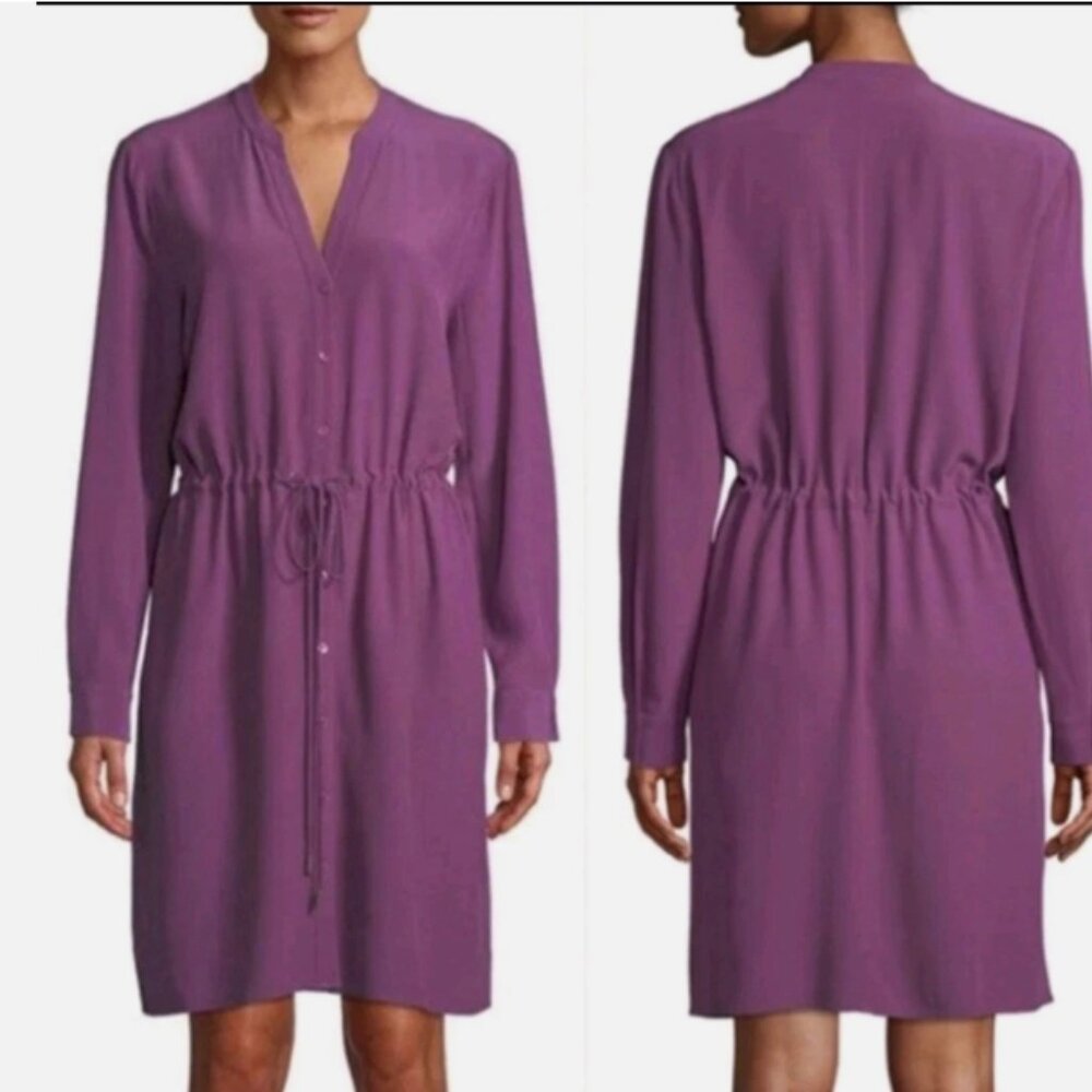EILEEN FISHER Long-sleeve Crepe Drawstring Shirt Dress Tencel Purple